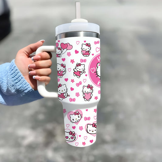 1pc 40oz Cute Hello Kitty with Handle Large Coffee Water Bottle Printed with Katie Cat Pattern Stainless Steel Insulation and Cold Preservation Water Cup Suitable for Gifts to Family and Friends with Straw, The Straw Is Insid