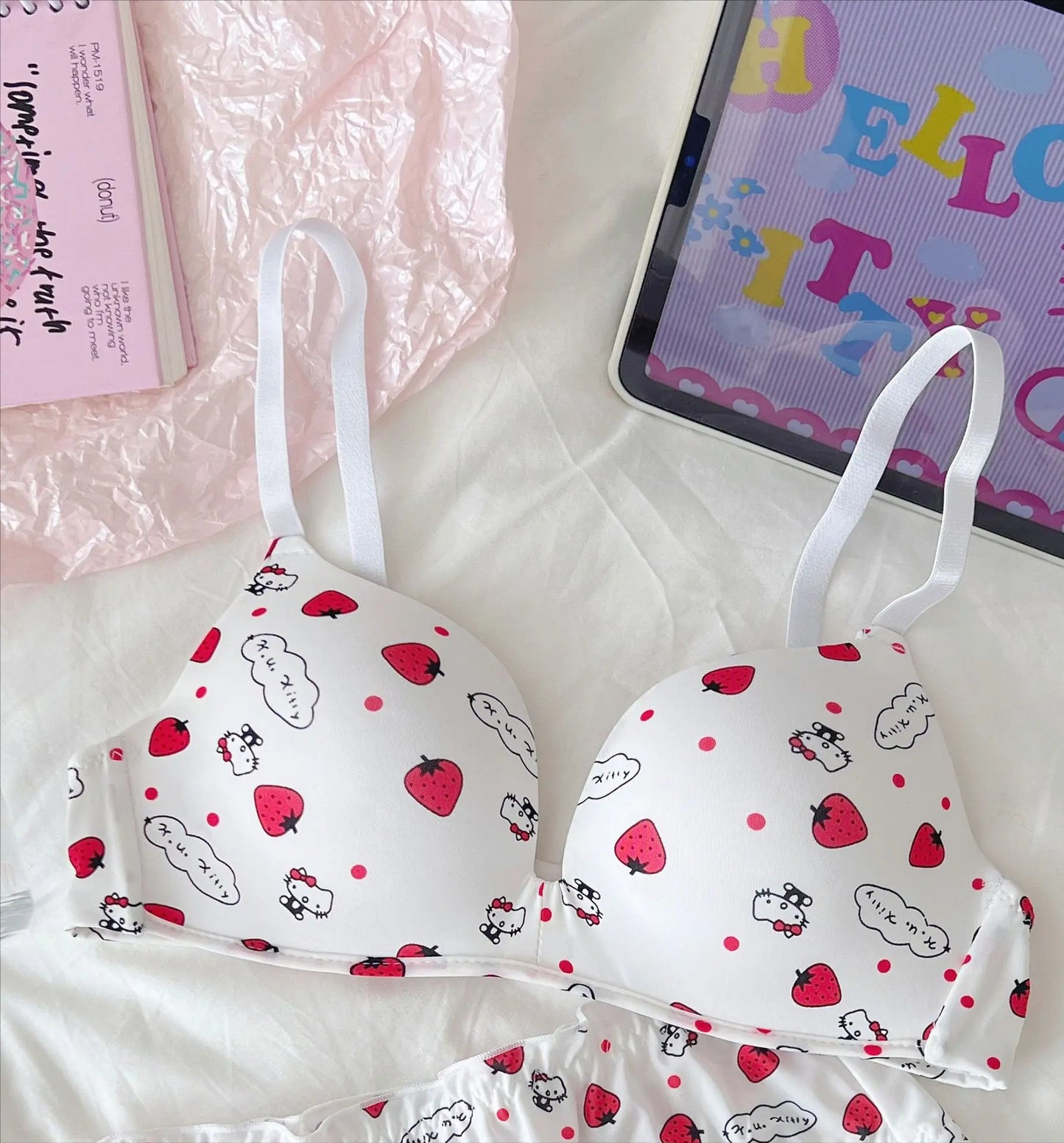 Sanrio Hello Kitty Women Underwear Sexy Bra Panty Set Cartoon No Wire Push Up Underwear Female's Breathable Gathered Bra Gifts