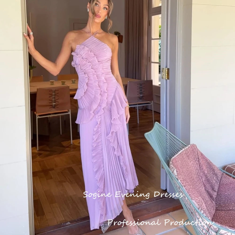 Halter Chiffon Cocktail Party Dresses For Sexy Women 2025 Pleated Ruffles فساتين سهرة Asymmetric Sleeveless Evening Dresses