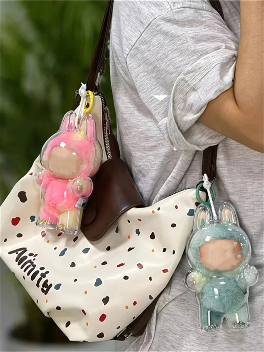 LABUBU Plush Doll Case, Monster Character Keychain Plastic Case, Storage Clear PVC Keychain Model Walking Display Bag