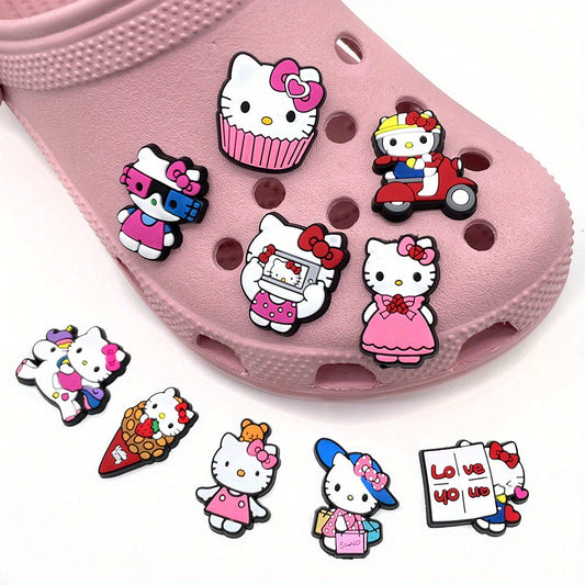 Sanrio Hello Kitty 10pcs Shoe Charms - Fashionable PVC Cartoon Buckles with Cute Pattern - No Power Required, Plastic Accessories for Women's Footwear