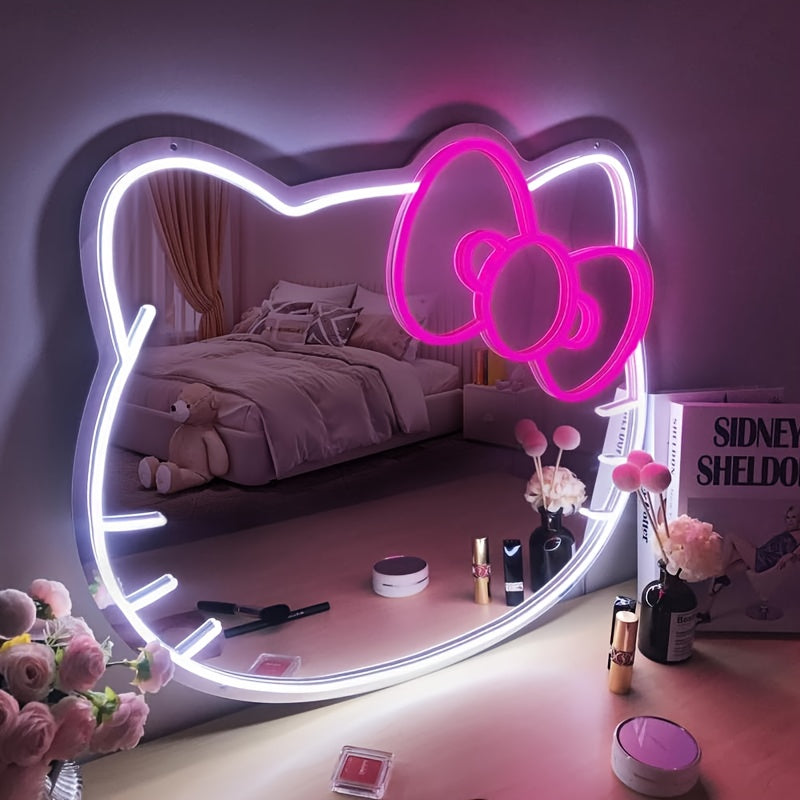 1pc Hello Kitty Cartoon Oval LED Neon Light Mirror, USB Powered Horizontal Wall Mirror with Plastic Frame, Dimmable for Bedroom, Locker, Living Room, Kids Room, Hallway - Glowing Decoration