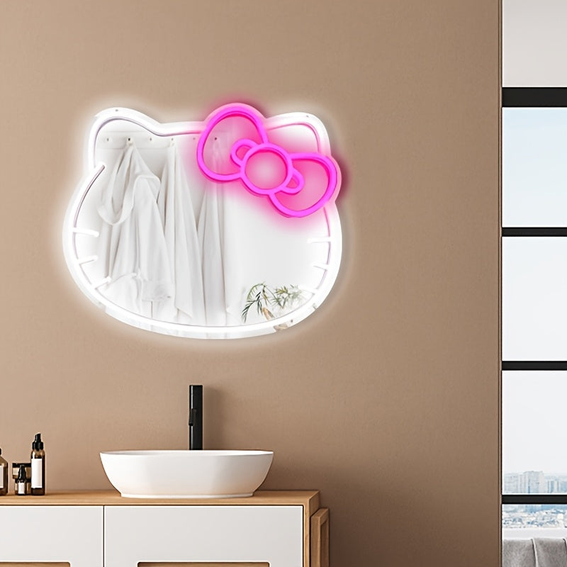 1pc Hello Kitty Cartoon Oval LED Neon Light Mirror, USB Powered Horizontal Wall Mirror with Plastic Frame, Dimmable for Bedroom, Locker, Living Room, Kids Room, Hallway - Glowing Decoration