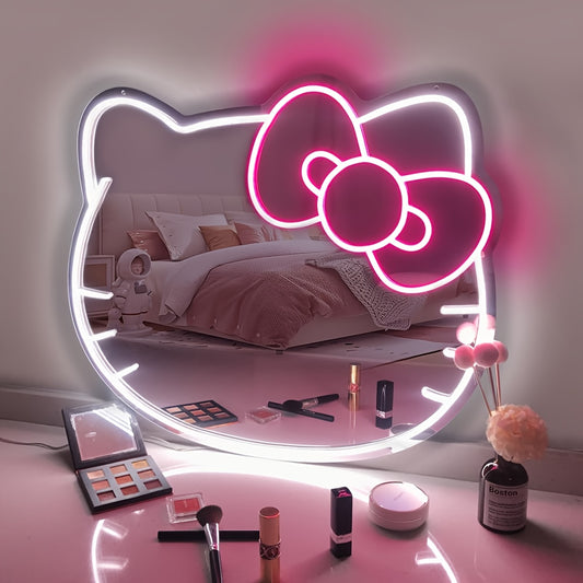 1pc Hello Kitty Cartoon Oval LED Neon Light Mirror, USB Powered Horizontal Wall Mirror with Plastic Frame, Dimmable for Bedroom, Locker, Living Room, Kids Room, Hallway - Glowing Decoration