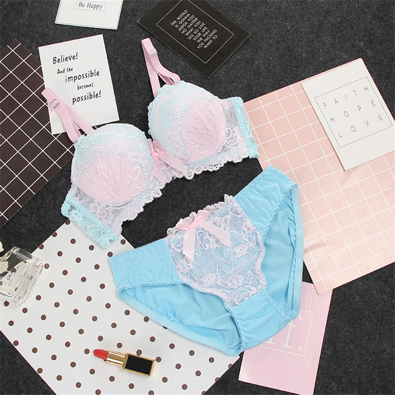 Lace Bra Set 3 Breasted Sexy Lingerie Comfortable Floral Bra and Panties Push Up Women Underwire Adjusted-straps Underwear Sets