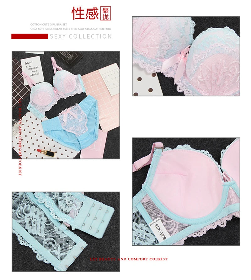 Lace Bra Set 3 Breasted Sexy Lingerie Comfortable Floral Bra and Panties Push Up Women Underwire Adjusted-straps Underwear Sets