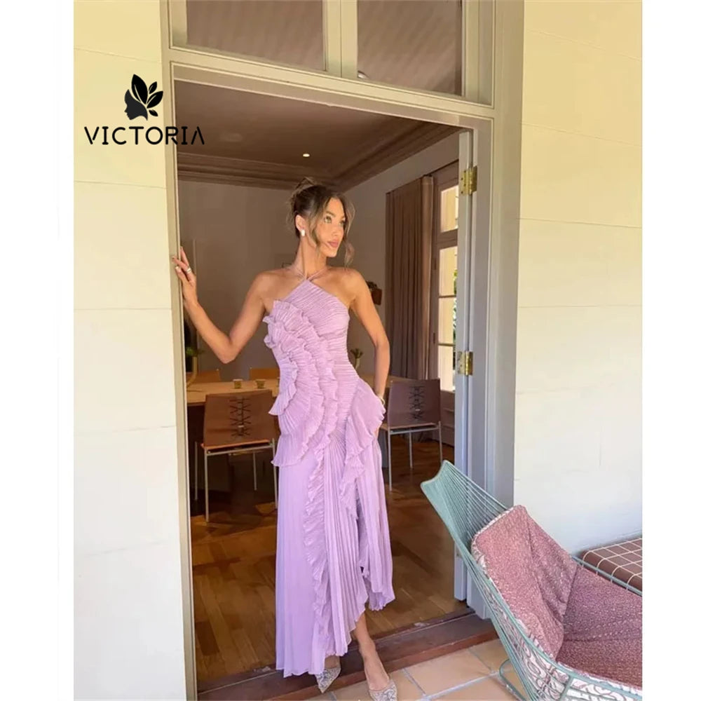 Purple Halter Neck Pleated Prom Dresses Side Split Sleeveless vestidos de noiva Ankle-Length Evening Dress 2025 Customized