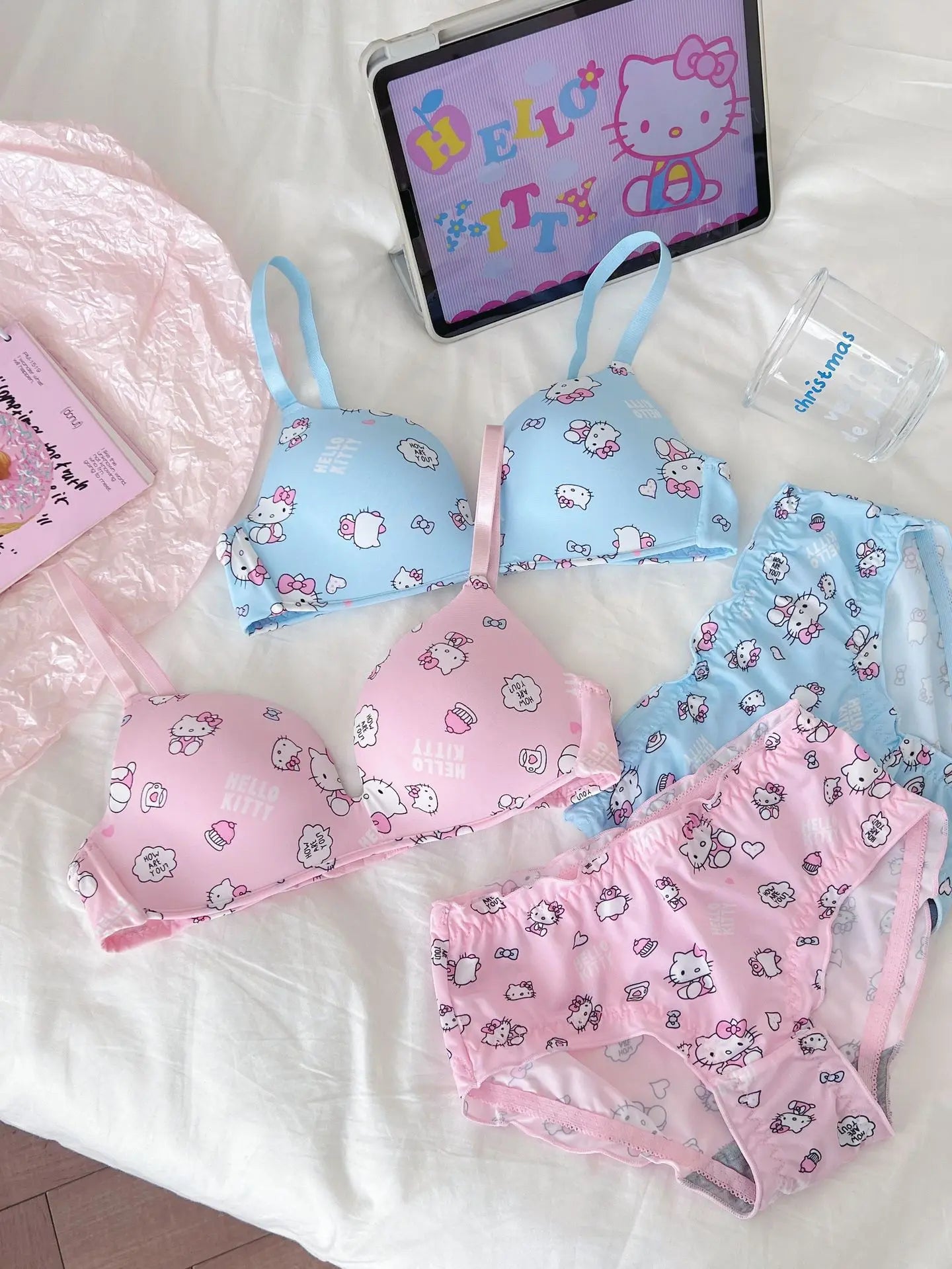 Sanrio Hello Kitty Women Underwear Sexy Bra Panty Set Cartoon No Wire Push Up Underwear Female's Breathable Gathered Bra Gifts