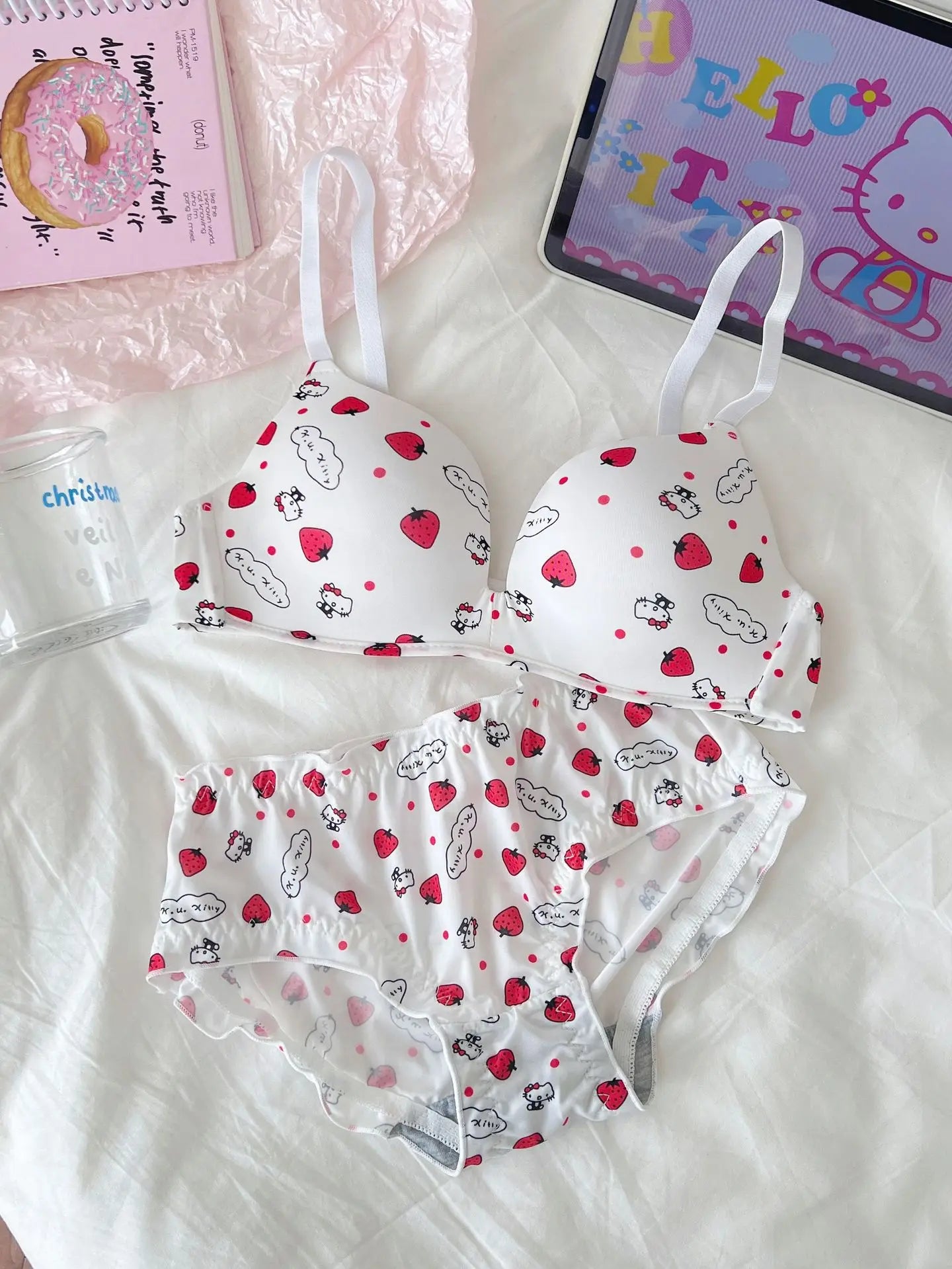 Sanrio Hello Kitty Women Underwear Sexy Bra Panty Set Cartoon No Wire Push Up Underwear Female's Breathable Gathered Bra Gifts