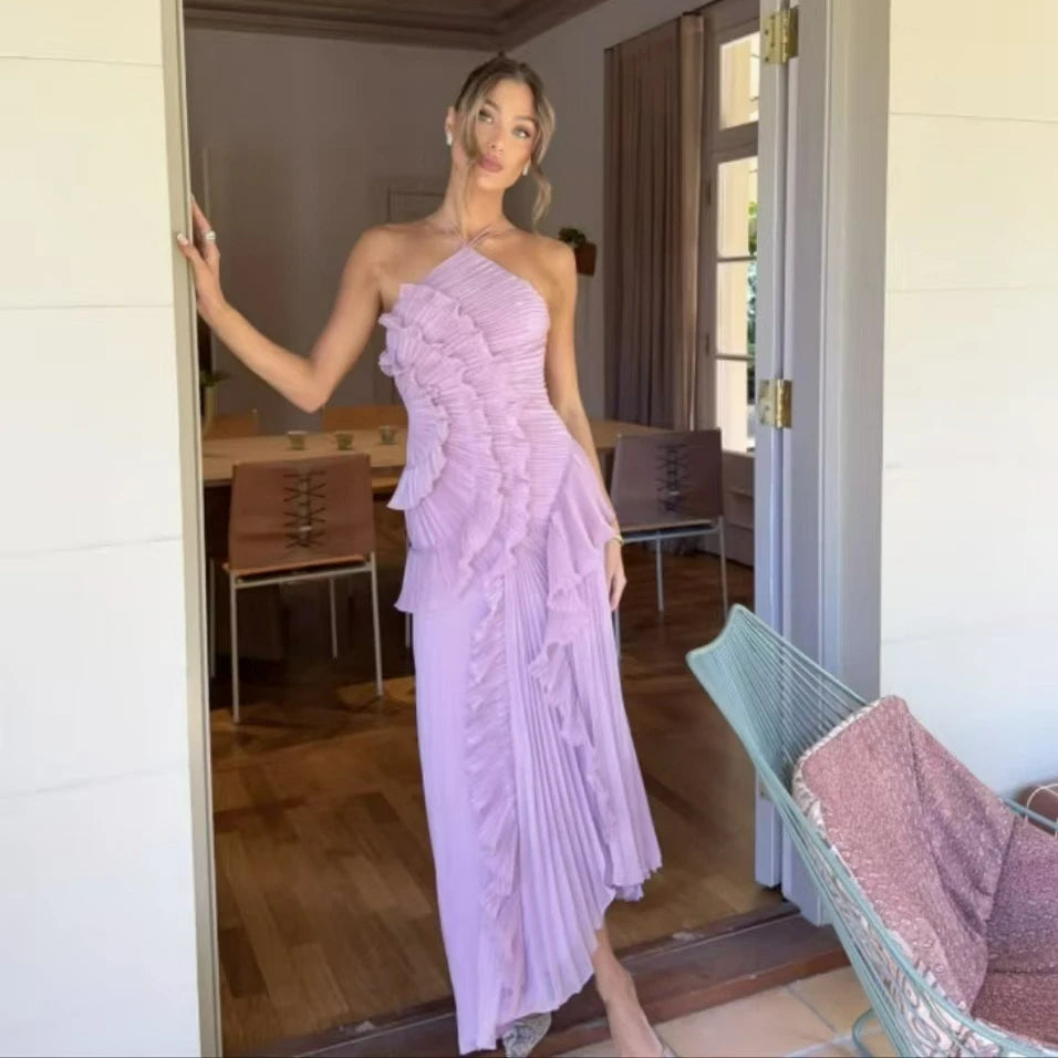 Purple Ruffle Irregular Maxi Dress for Women Sexy Halter Backless Party Dresses Summer Fashion Chiffon Holiday Fairy Dress 2025