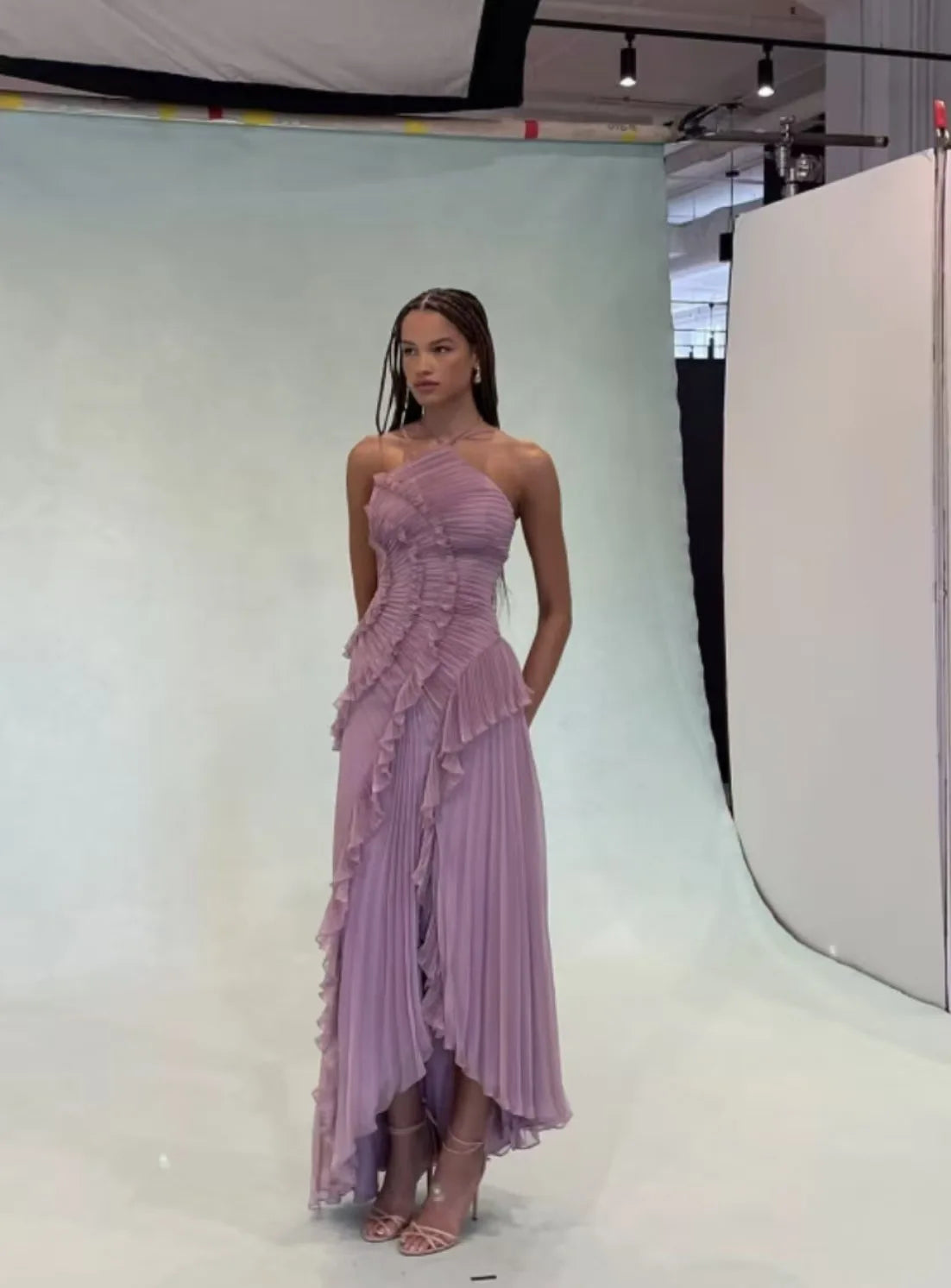 Purple Ruffle Irregular Maxi Dress for Women Sexy Halter Backless Party Dresses Summer Fashion Chiffon Holiday Fairy Dress 2025
