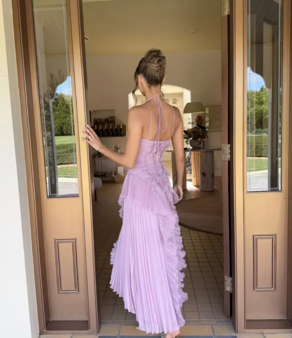 Purple Ruffle Irregular Maxi Dress for Women Sexy Halter Backless Party Dresses Summer Fashion Chiffon Holiday Fairy Dress 2025