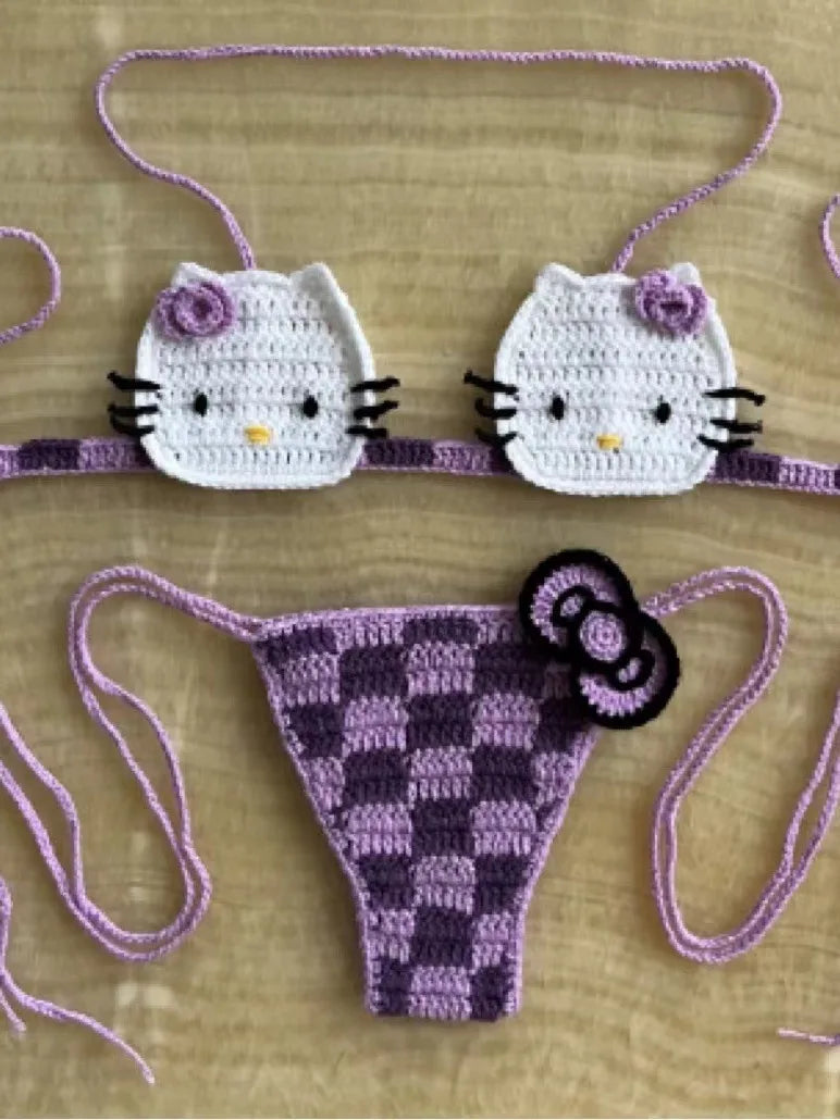Hello Kitty Sexy Micro Bikini Set Women Summer Bathing Suit 2024 Fashion Knitting Kitty Cat Y2k Swimsuit Beach Women Thong Swim