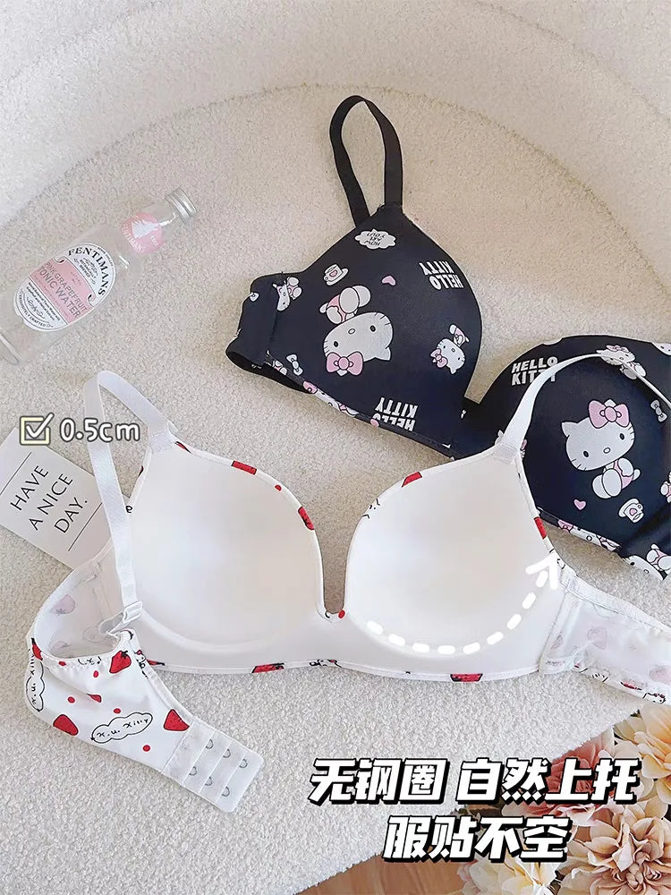 Sanrio Hello Kitty Women Underwear Sexy Bra Panty Set Cartoon No Wire Push Up Underwear Female's Breathable Gathered Bra Gifts