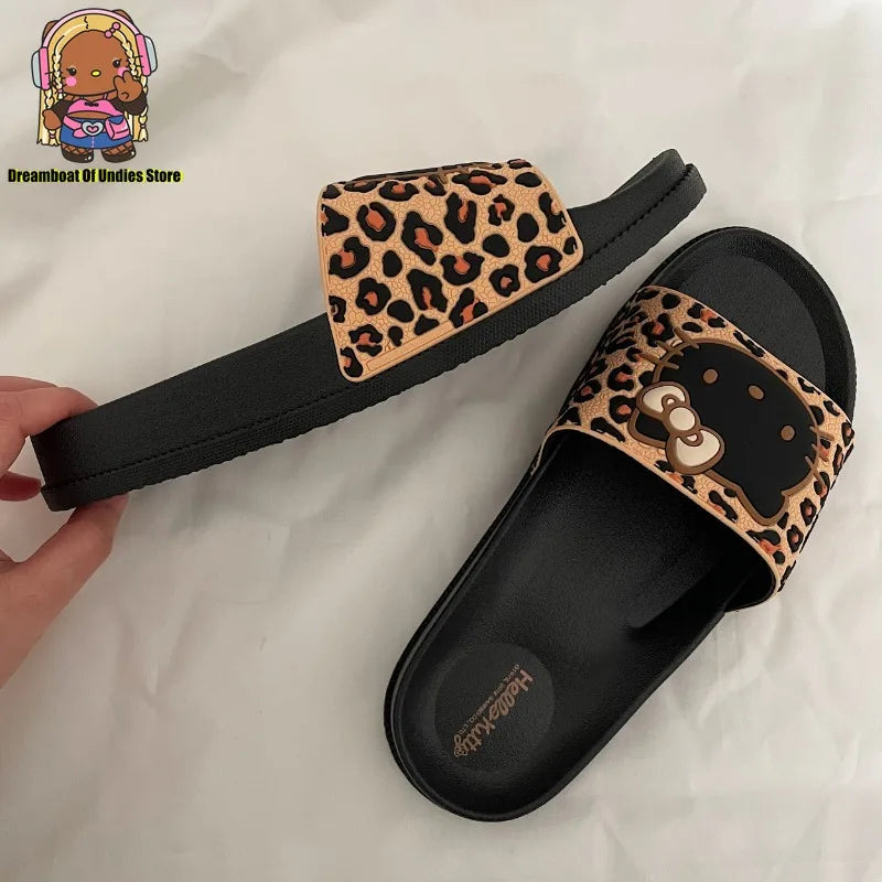 Hello Kitty Cute Beach Bath Slippers for Women Cool Leopard Print Cartoon Home Slippers Female Indoor Non-slip Cosy Home Shoes