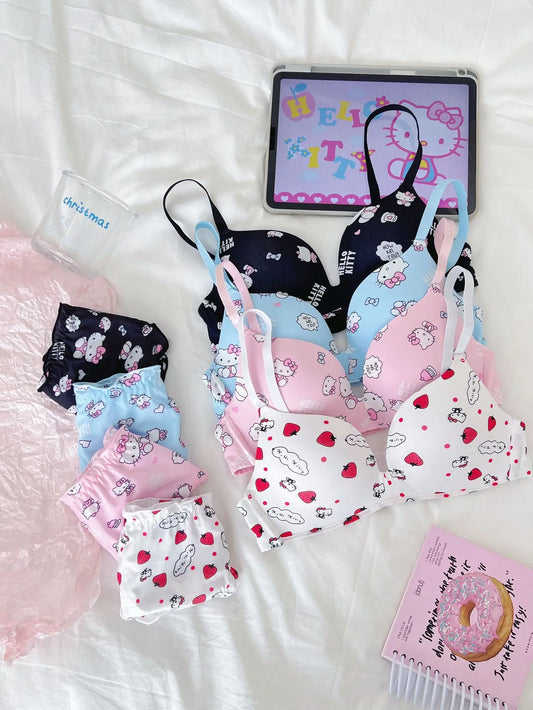 Sanrio Hello Kitty Women Underwear Sexy Bra Panty Set Cartoon No Wire Push Up Underwear Female's Breathable Gathered Bra Gifts