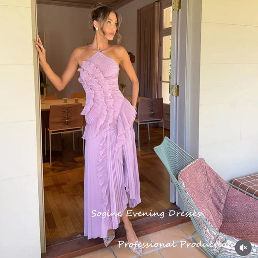 Halter Chiffon Cocktail Party Dresses For Sexy Women 2025 Pleated Ruffles فساتين سهرة Asymmetric Sleeveless Evening Dresses