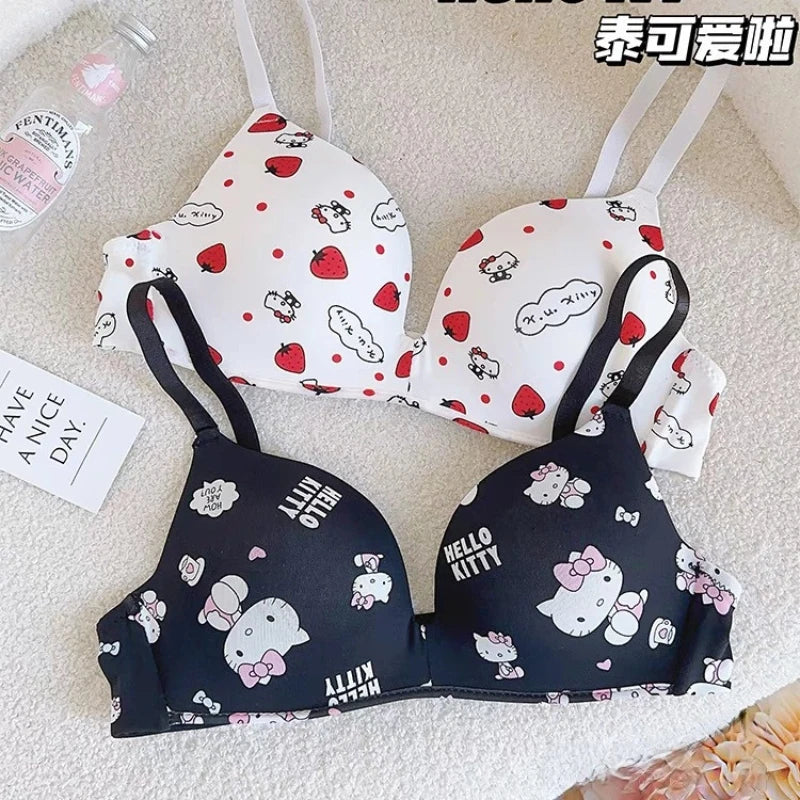 Sanrio Hello Kitty Women Underwear Sexy Bra Panty Set Cartoon No Wire Push Up Underwear Female's Breathable Gathered Bra Gifts