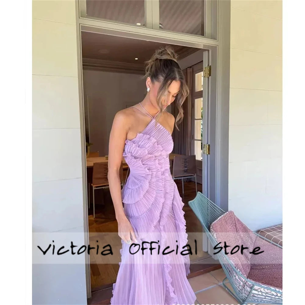 Purple Halter Neck Pleated Prom Dresses Side Split Sleeveless vestidos de noiva Ankle-Length Evening Dress 2025 Customized