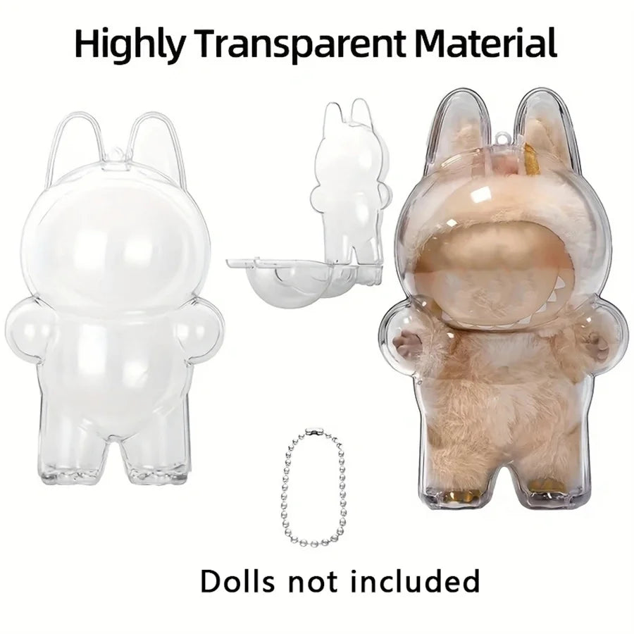 LABUBU Plush Doll Case, Monster Character Keychain Plastic Case, Storage Clear PVC Keychain Model Walking Display Bag
