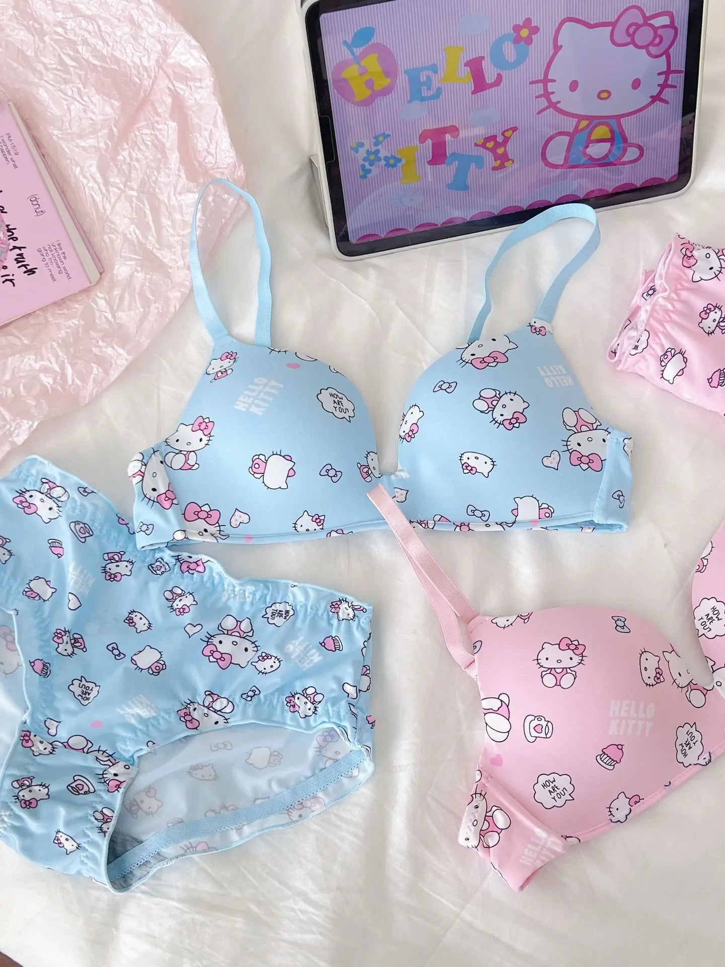 Sanrio Hello Kitty Women Underwear Sexy Bra Panty Set Cartoon No Wire Push Up Underwear Female's Breathable Gathered Bra Gifts