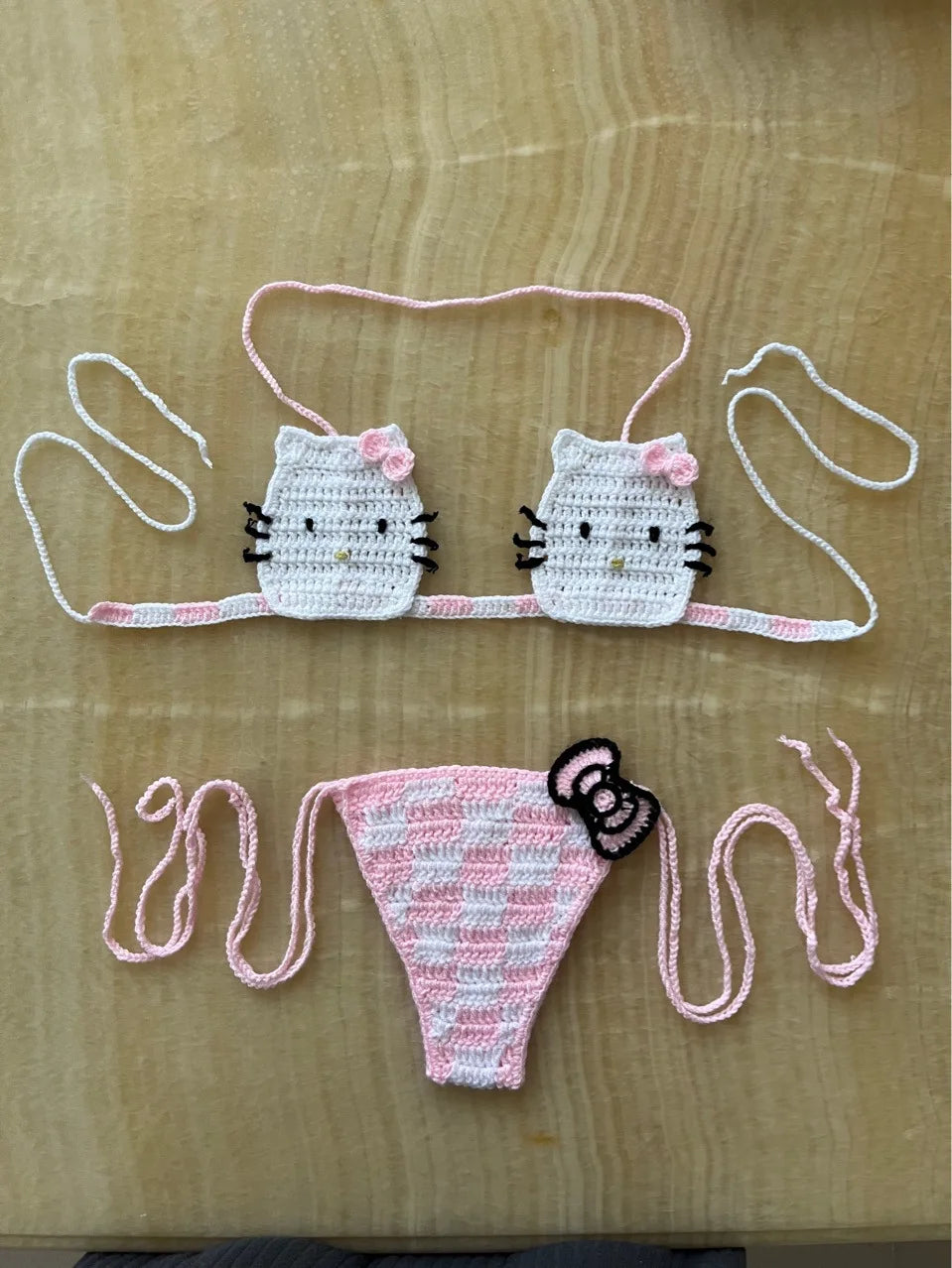 Hello Kitty Sexy Micro Bikini Set Women Summer Bathing Suit 2024 Fashion Knitting Kitty Cat Y2k Swimsuit Beach Women Thong Swim