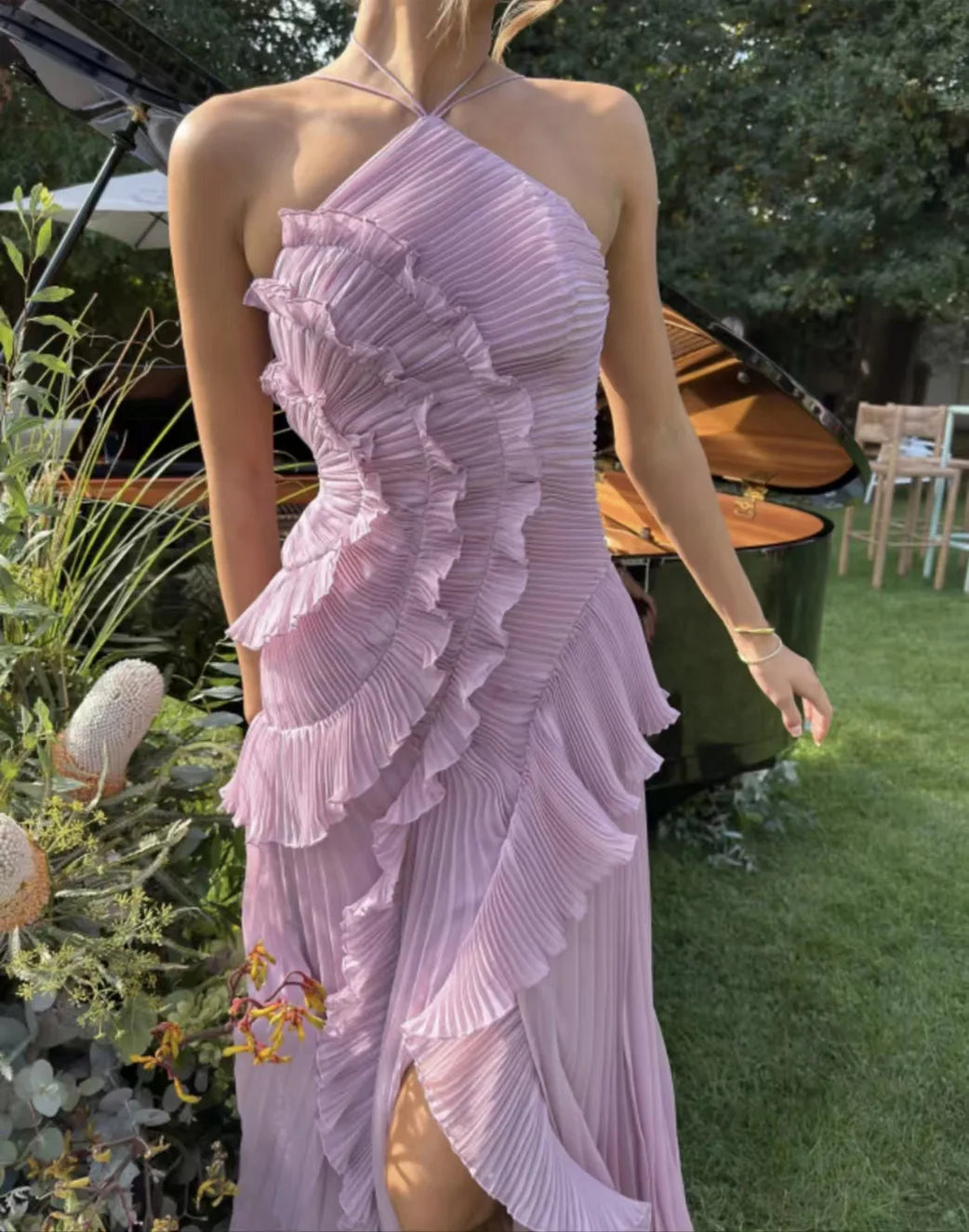 Purple Ruffle Irregular Maxi Dress for Women Sexy Halter Backless Party Dresses Summer Fashion Chiffon Holiday Fairy Dress 2025