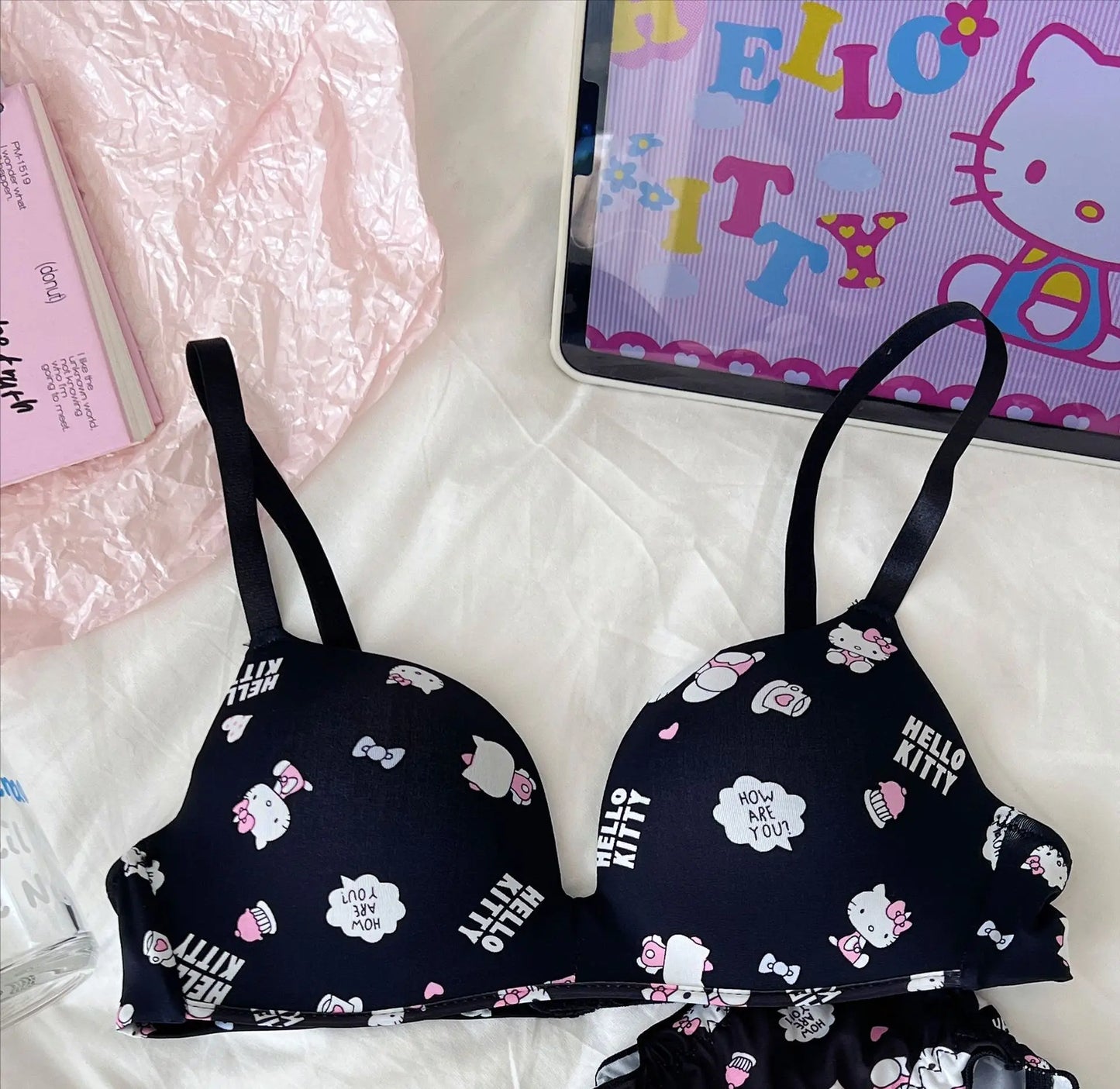 Sanrio Hello Kitty Women Underwear Sexy Bra Panty Set Cartoon No Wire Push Up Underwear Female's Breathable Gathered Bra Gifts