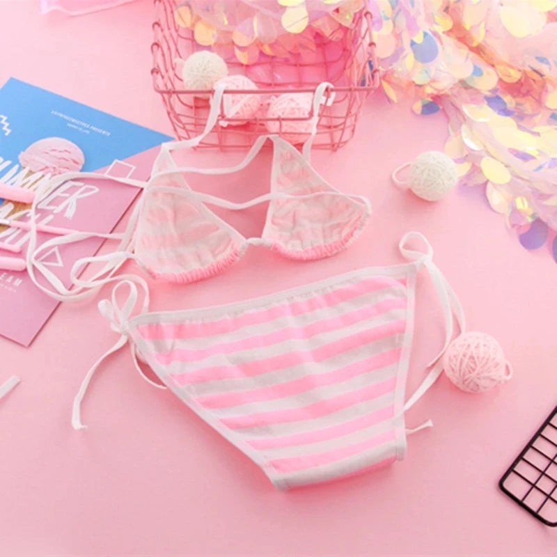 Sexy Lingerie Kawaii Blue White Stripe Suit Anime Cosplay Erotic Costumes Swimwear Bra Women Underwear Set Bikini Grils