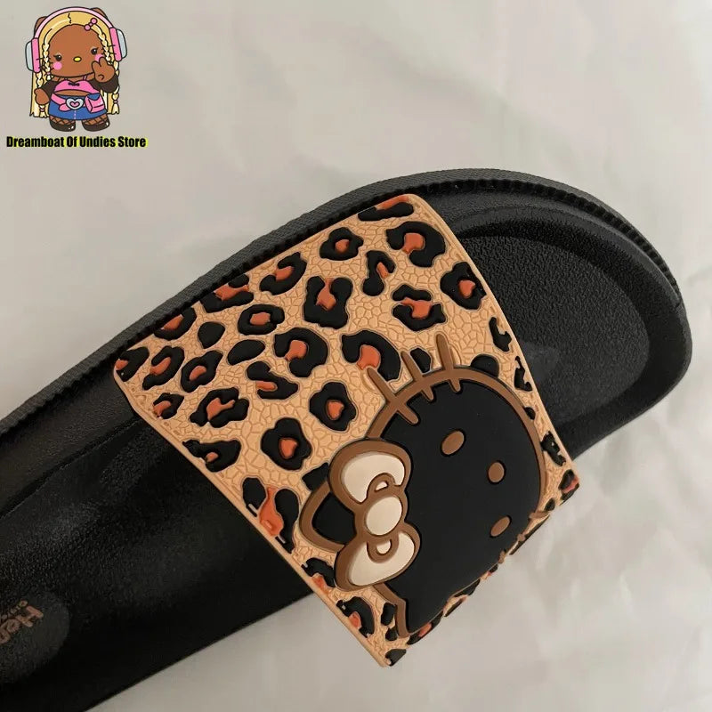 Hello Kitty Cute Beach Bath Slippers for Women Cool Leopard Print Cartoon Home Slippers Female Indoor Non-slip Cosy Home Shoes