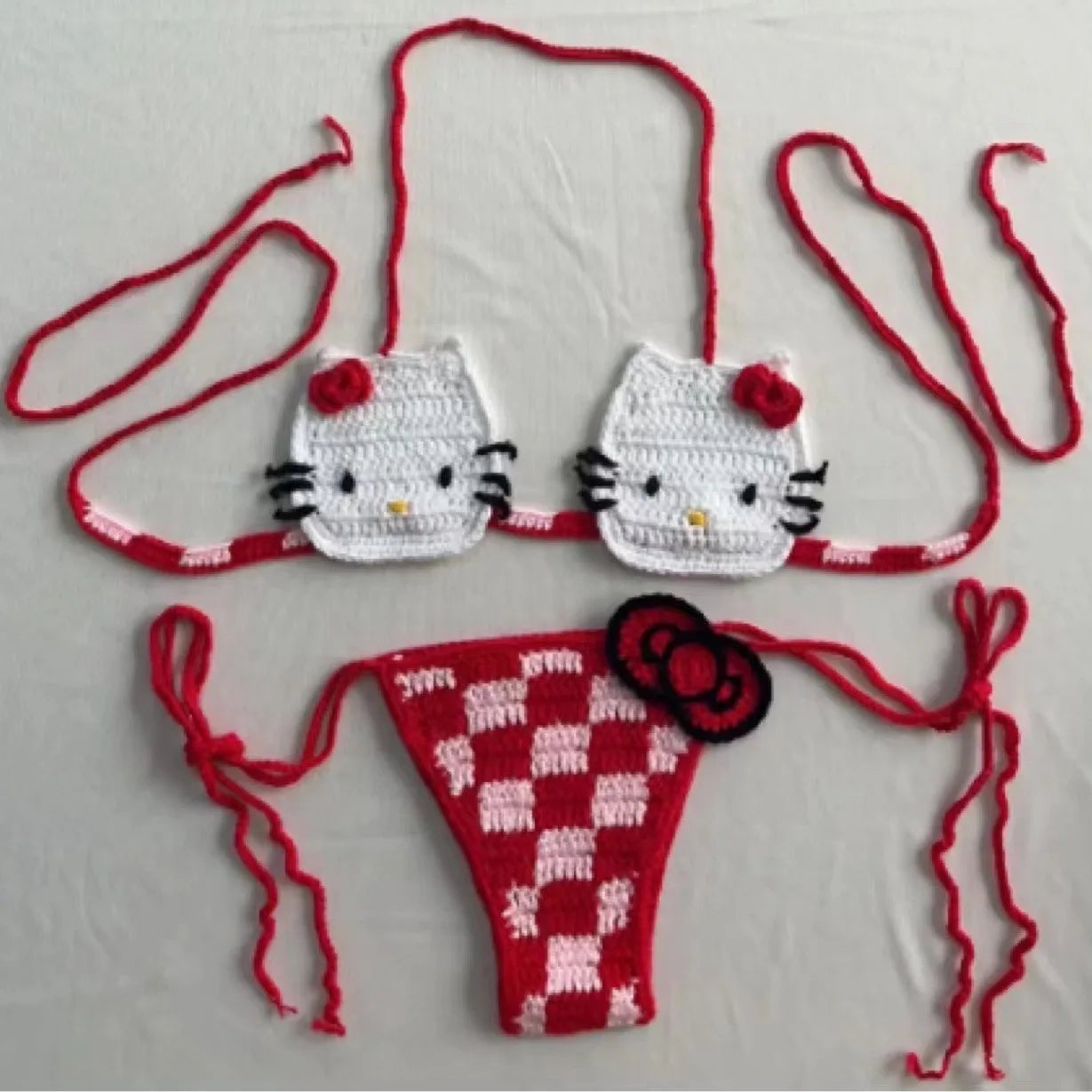 Hello Kitty Sexy Micro Bikini Set Women Summer Bathing Suit 2024 Fashion Knitting Kitty Cat Y2k Swimsuit Beach Women Thong Swim