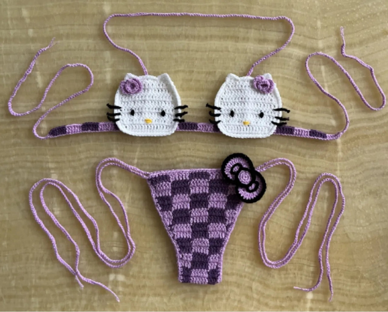 Hello Kitty Sexy Micro Bikini Set Women Summer Bathing Suit 2024 Fashion Knitting Kitty Cat Y2k Swimsuit Beach Women Thong Swim