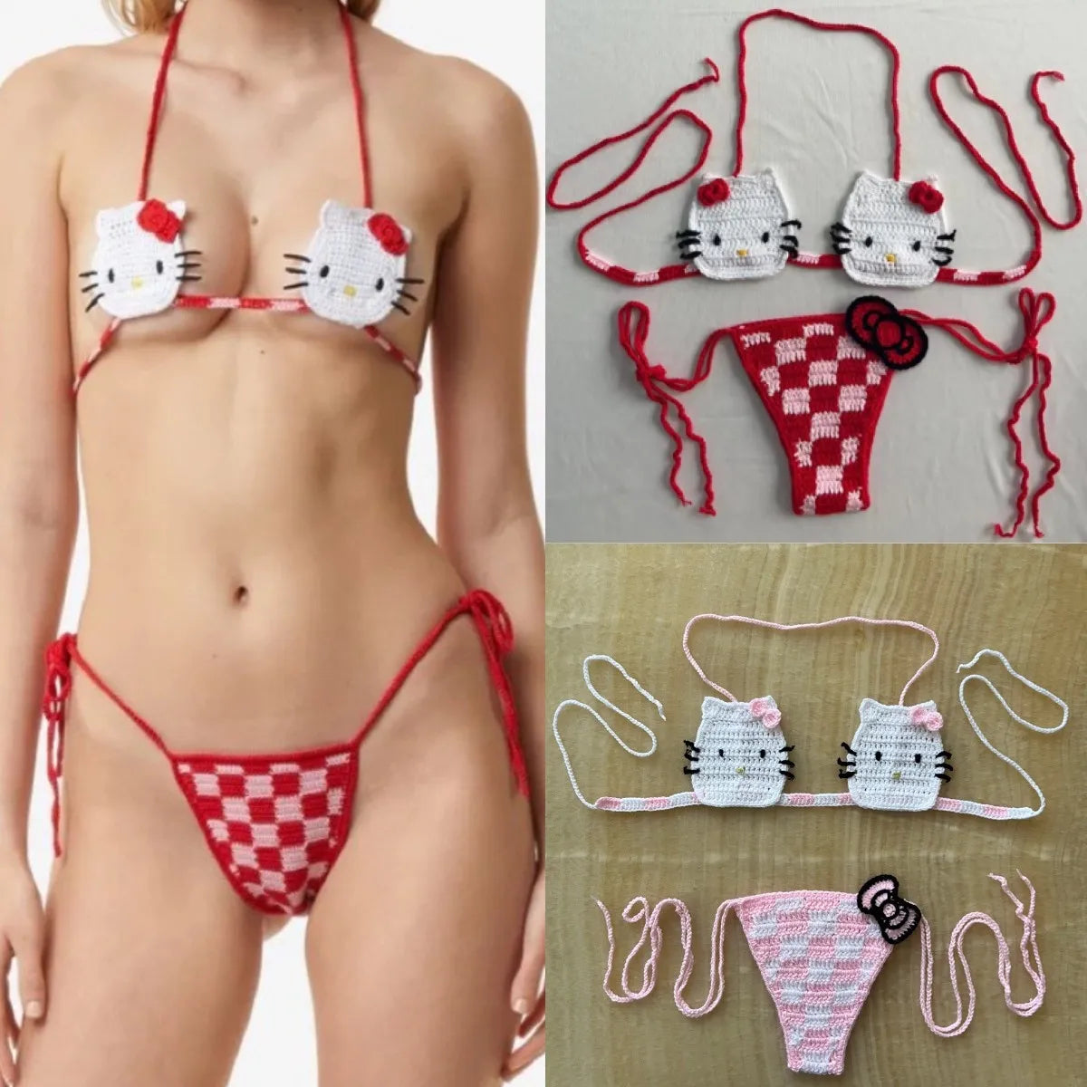 Hello Kitty Sexy Micro Bikini Set Women Summer Bathing Suit 2024 Fashion Knitting Kitty Cat Y2k Swimsuit Beach Women Thong Swim