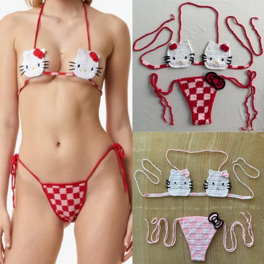 Hello Kitty Sexy Micro Bikini Set Women Summer Bathing Suit 2024 Fashion Knitting Kitty Cat Y2k Swimsuit Beach Women Thong Swim