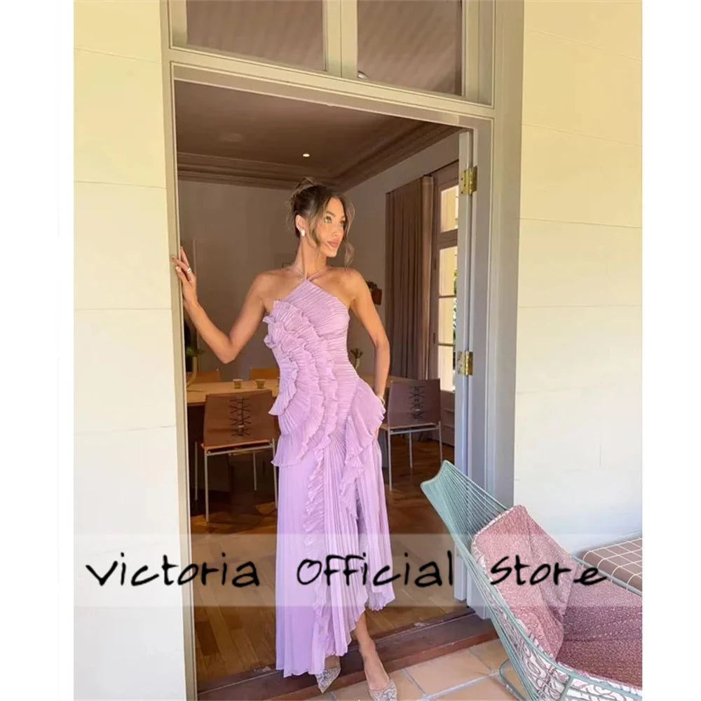 Purple Halter Neck Pleated Prom Dresses Side Split Sleeveless vestidos de noiva Ankle-Length Evening Dress 2025 Customized