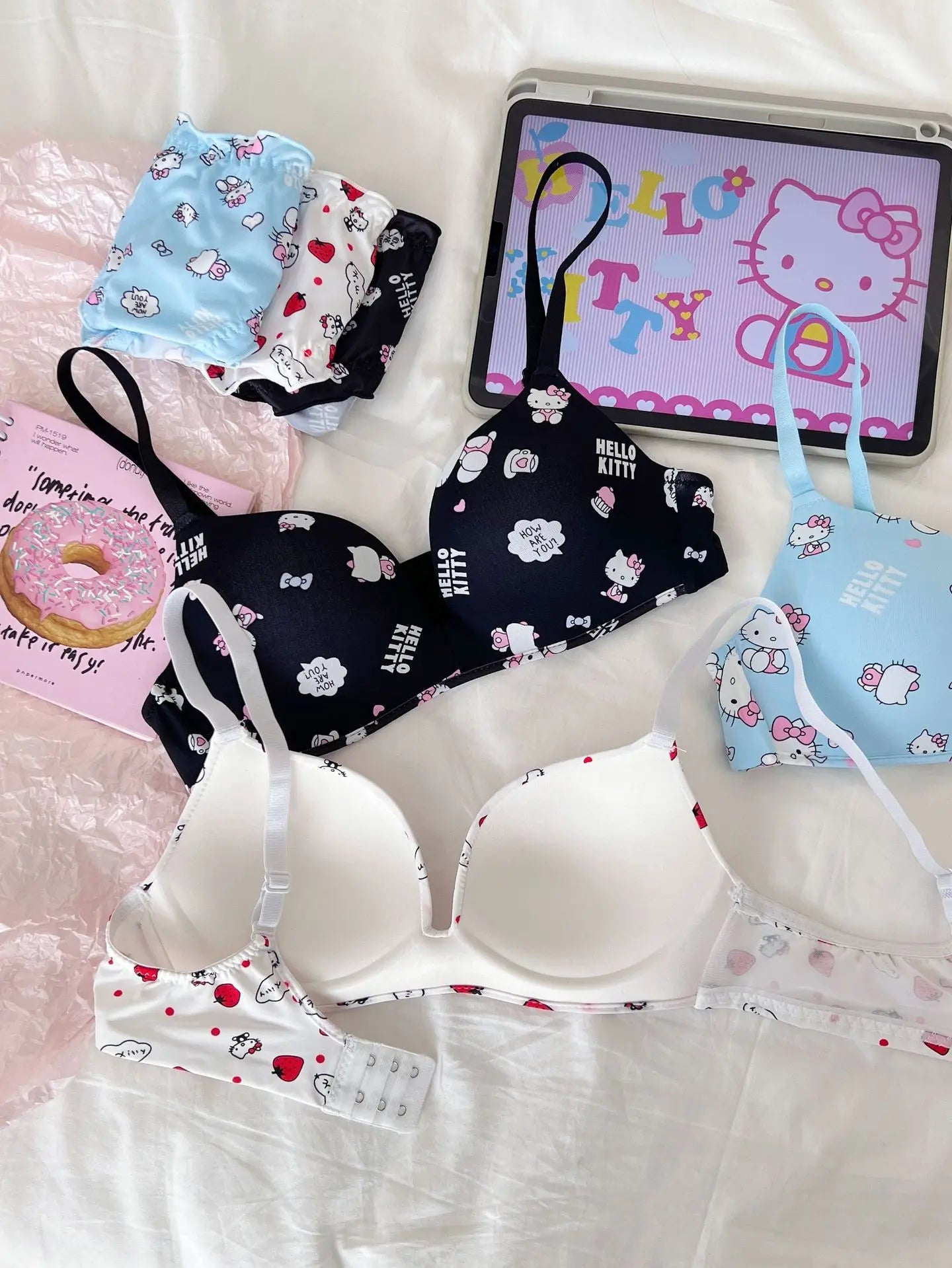 Sanrio Hello Kitty Women Underwear Sexy Bra Panty Set Cartoon No Wire Push Up Underwear Female's Breathable Gathered Bra Gifts