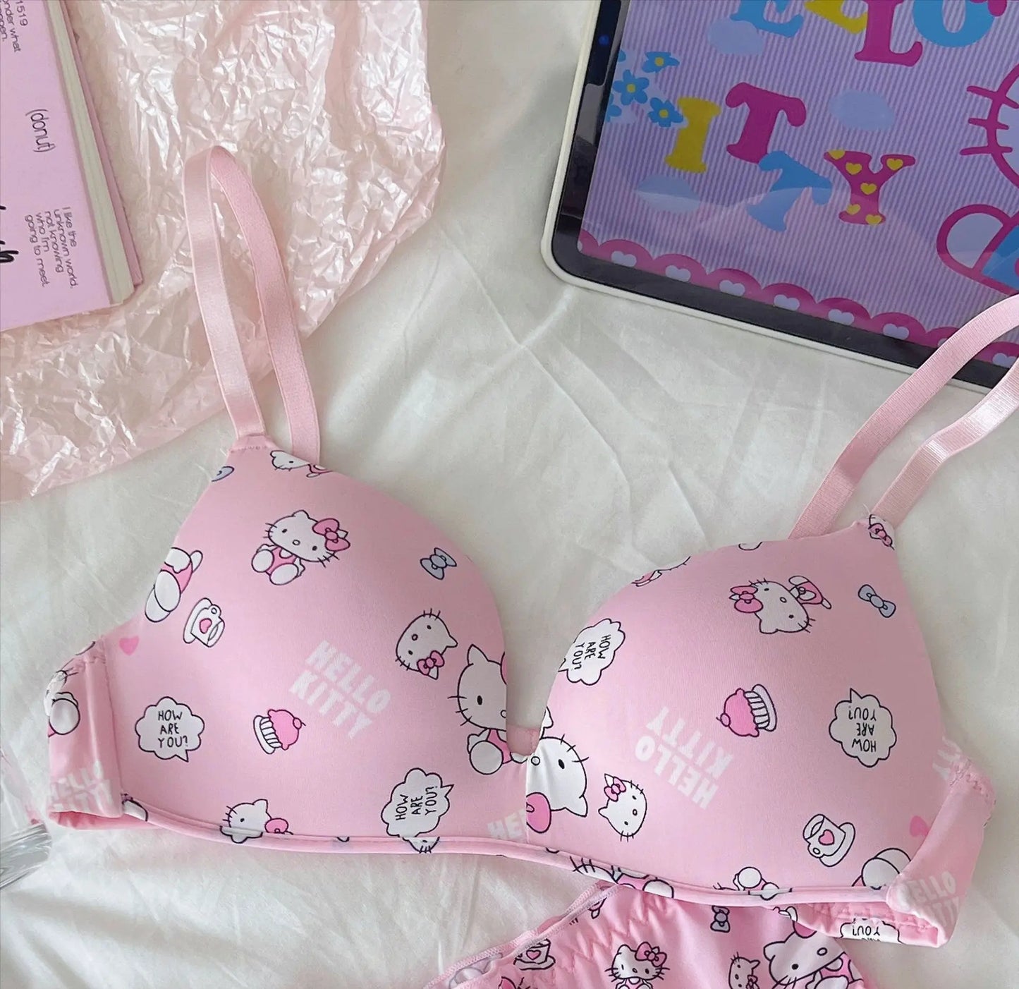 Sanrio Hello Kitty Women Underwear Sexy Bra Panty Set Cartoon No Wire Push Up Underwear Female's Breathable Gathered Bra Gifts