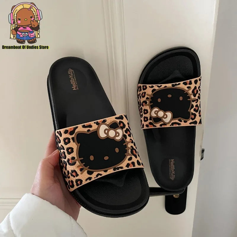 Hello Kitty Cute Beach Bath Slippers for Women Cool Leopard Print Cartoon Home Slippers Female Indoor Non-slip Cosy Home Shoes