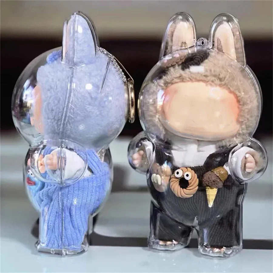 LABUBU Plush Doll Case, Monster Character Keychain Plastic Case, Storage Clear PVC Keychain Model Walking Display Bag