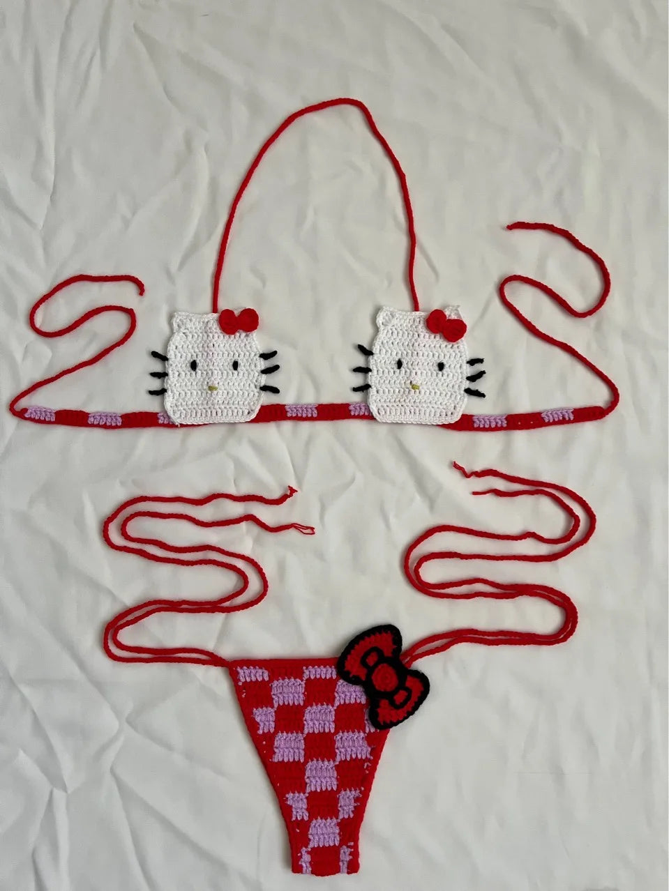 Hello Kitty Sexy Micro Bikini Set Women Summer Bathing Suit 2024 Fashion Knitting Kitty Cat Y2k Swimsuit Beach Women Thong Swim