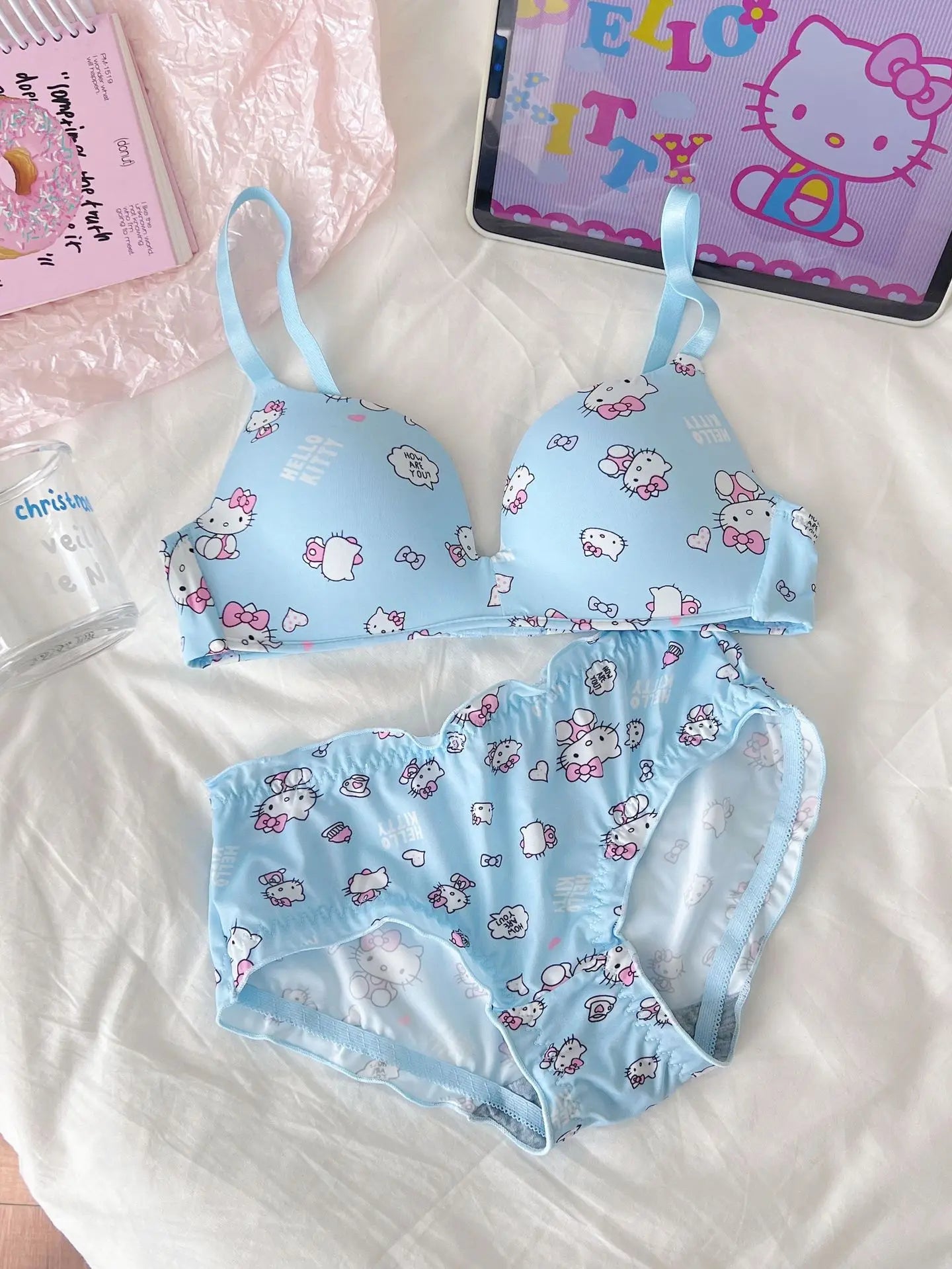 Sanrio Hello Kitty Women Underwear Sexy Bra Panty Set Cartoon No Wire Push Up Underwear Female's Breathable Gathered Bra Gifts