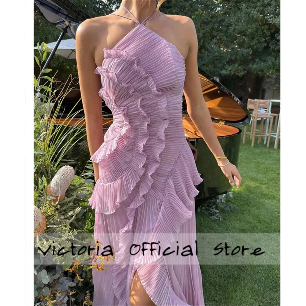 Purple Halter Neck Pleated Prom Dresses Side Split Sleeveless vestidos de noiva Ankle-Length Evening Dress 2025 Customized