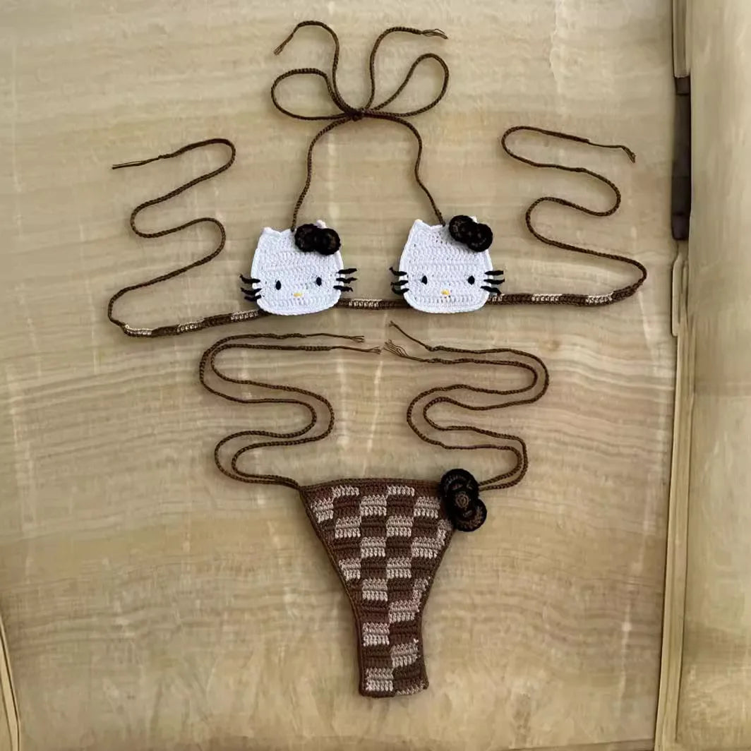 Hello Kitty Sexy Micro Bikini Set Women Summer Bathing Suit 2024 Fashion Knitting Kitty Cat Y2k Swimsuit Beach Women Thong Swim