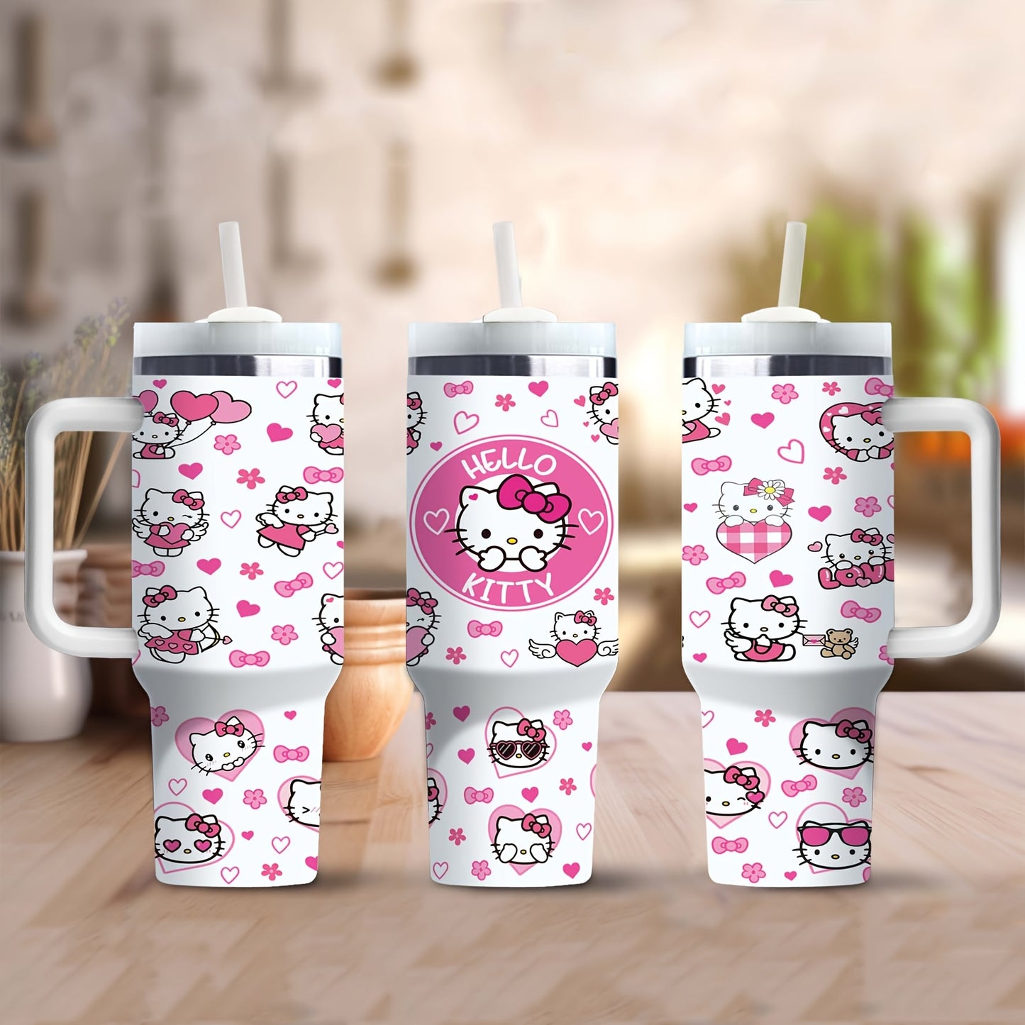 1pc 40oz Cute Hello Kitty with Handle Large Coffee Water Bottle Printed with Katie Cat Pattern Stainless Steel Insulation and Cold Preservation Water Cup Suitable for Gifts to Family and Friends with Straw, The Straw Is Insid
