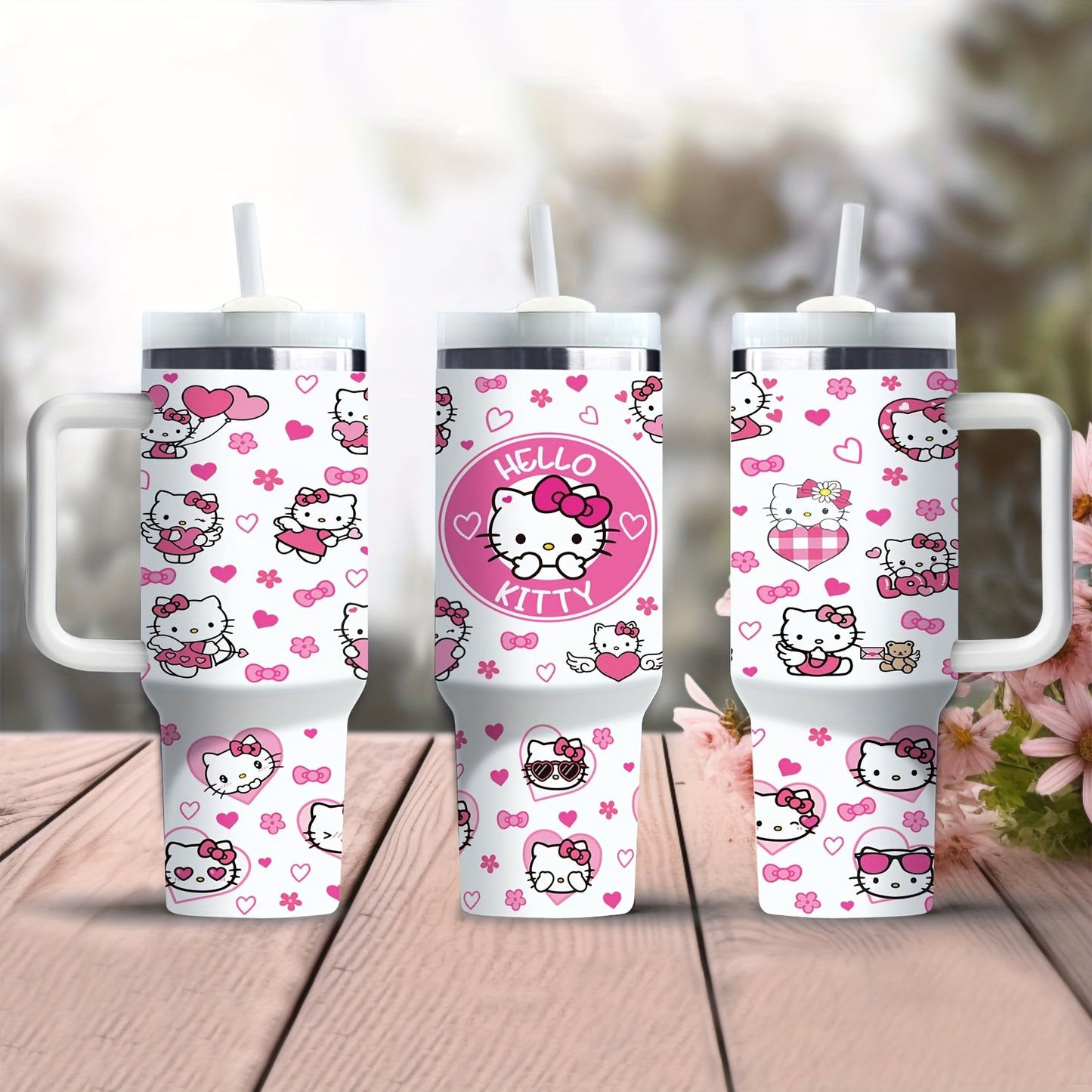 1pc 40oz Cute Hello Kitty with Handle Large Coffee Water Bottle Printed with Katie Cat Pattern Stainless Steel Insulation and Cold Preservation Water Cup Suitable for Gifts to Family and Friends with Straw, The Straw Is Insid