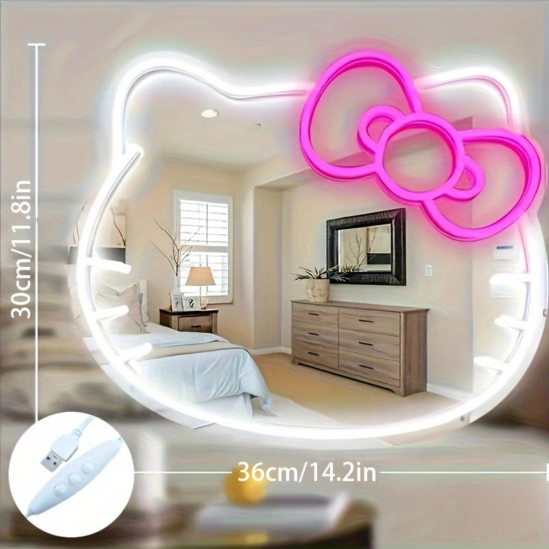 1pc Hello Kitty Cartoon Oval LED Neon Light Mirror, USB Powered Horizontal Wall Mirror with Plastic Frame, Dimmable for Bedroom, Locker, Living Room, Kids Room, Hallway - Glowing Decoration