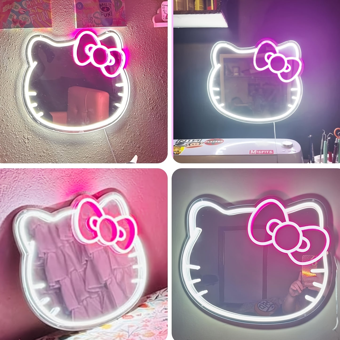 1pc Hello Kitty Cartoon Oval LED Neon Light Mirror, USB Powered Horizontal Wall Mirror with Plastic Frame, Dimmable for Bedroom, Locker, Living Room, Kids Room, Hallway - Glowing Decoration