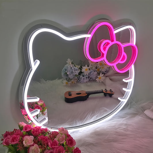 1pc Hello Kitty Cartoon Oval LED Neon Light Mirror, USB Powered Horizontal Wall Mirror with Plastic Frame, Dimmable for Bedroom, Locker, Living Room, Kids Room, Hallway - Glowing Decoration